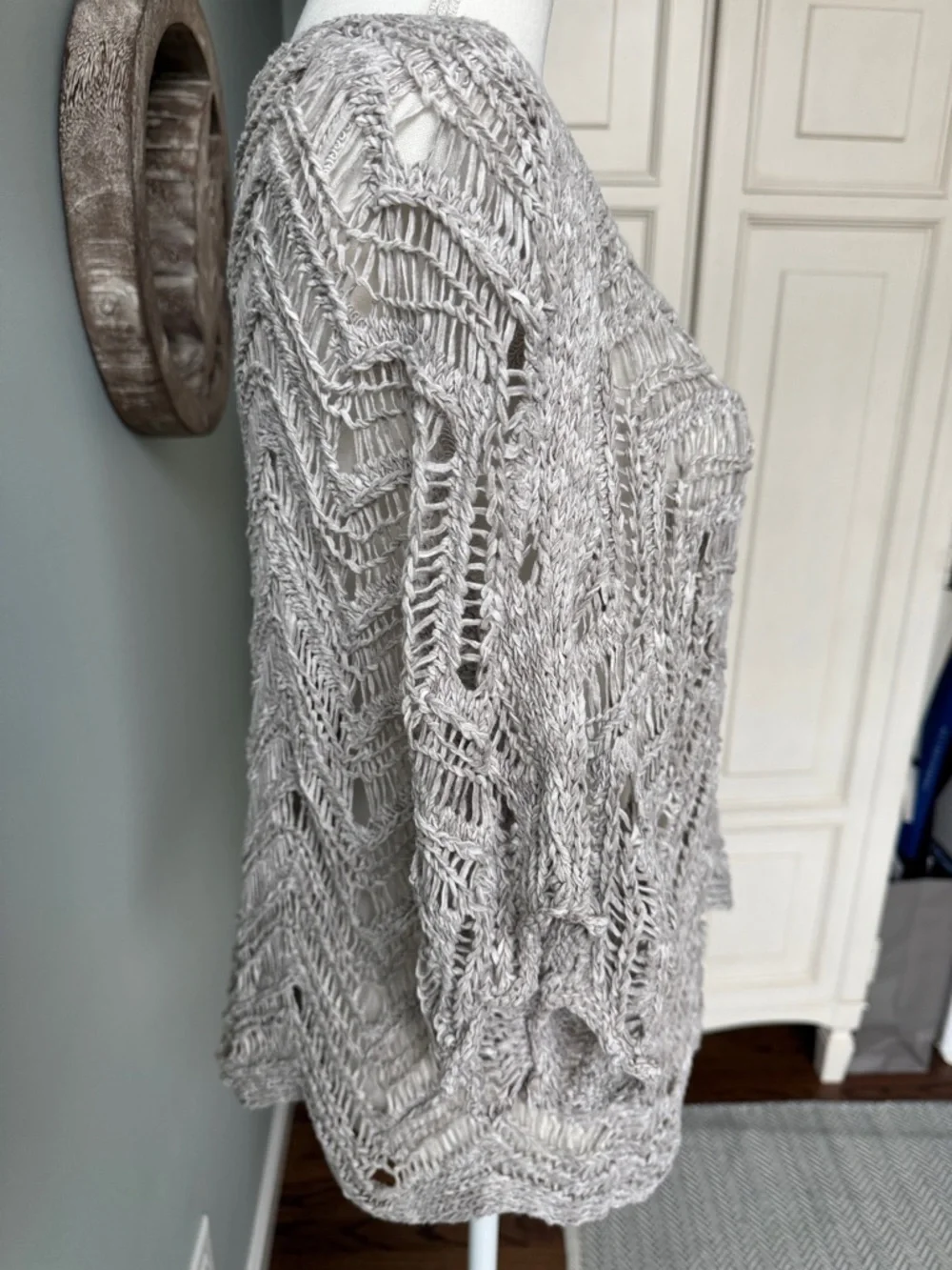 Eileen Fisher Open-Knit Chevron Scoop Neck Sweater - Taupe Grayish Size XL